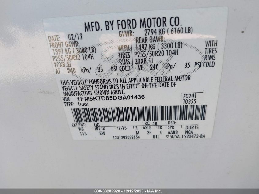 1FM5K7D85DGA01436 2013 Ford Explorer Xlt