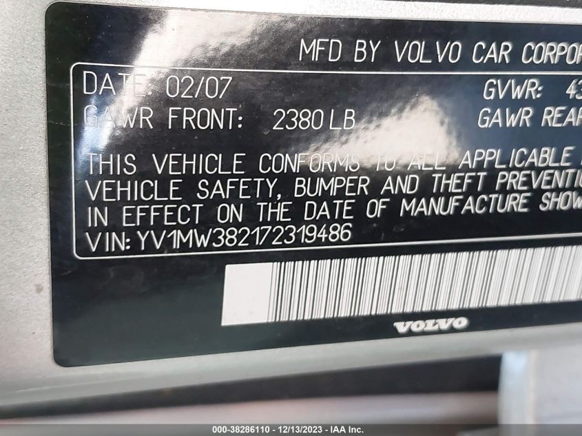 2007 Volvo V50 2.4I VIN: YV1MW382172319486 Lot: 38286110