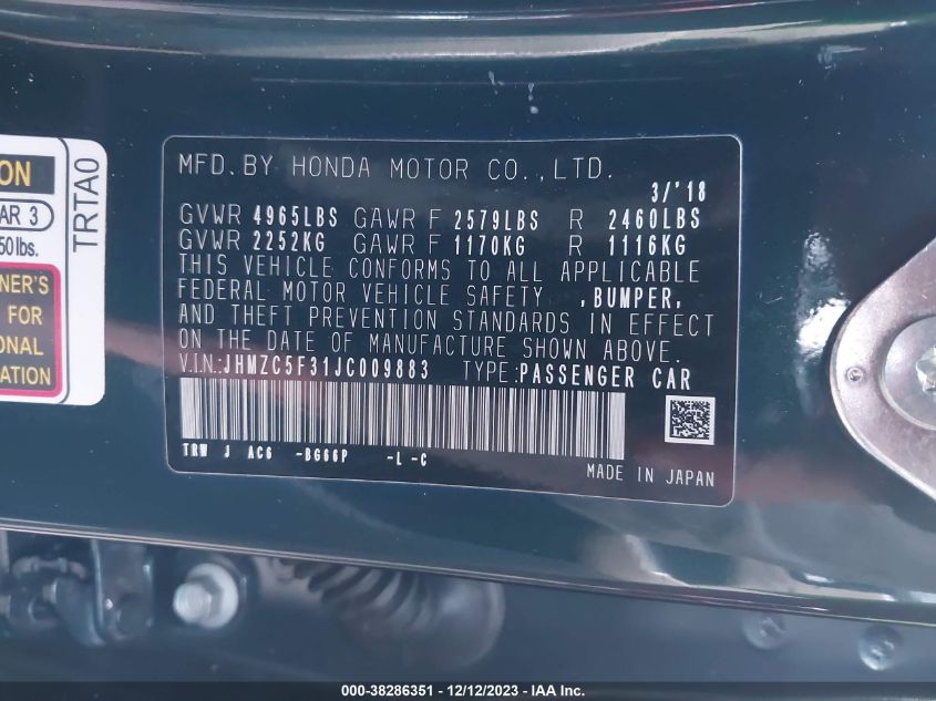 2018 Honda Clarity Plug-In Hybrid Touring VIN: JHMZC5F31JC009883 Lot: 38286351