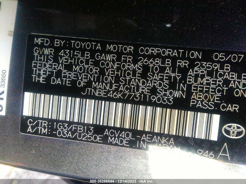 JTNBE46K773119033 2007 Toyota Camry Le