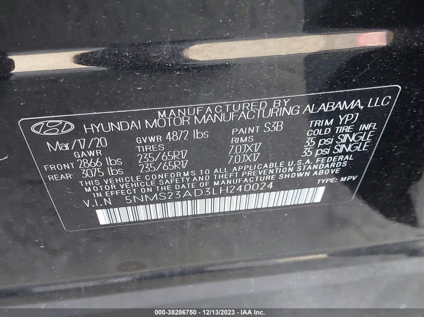 2020 Hyundai Santa Fe Se VIN: 5NMS23AD3LH240024 Lot: 38286750