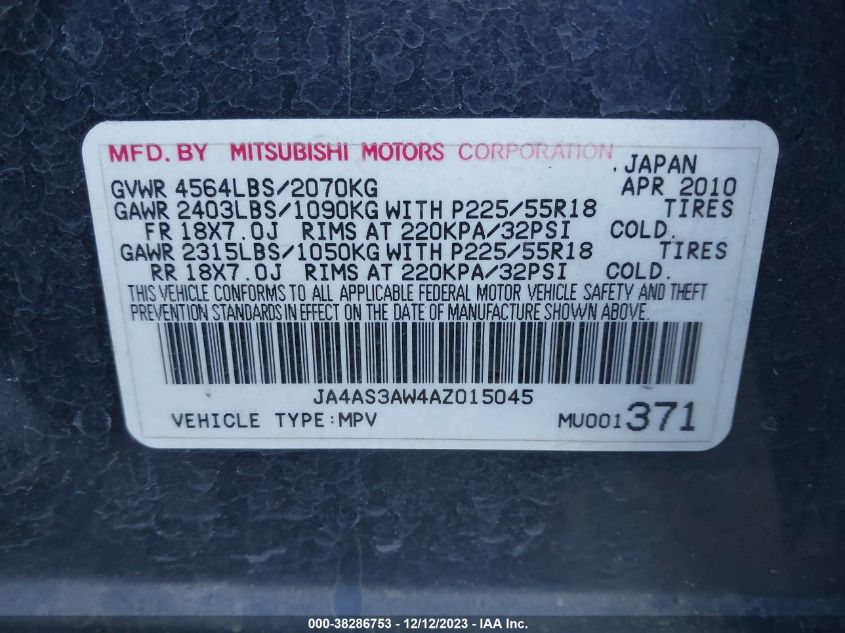 2010 Mitsubishi Outlander Se VIN: JA4AS3AW4AZ015045 Lot: 38286753