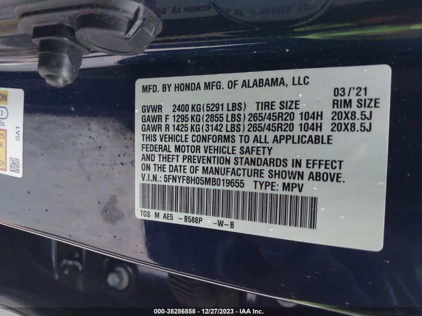 2021 Honda Passport Awd Elite VIN: 5FNYF8H05MB019655 Lot: 38286858