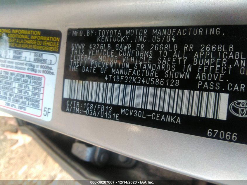 4T1BF32K34U586128 2004 Toyota Camry Le V6