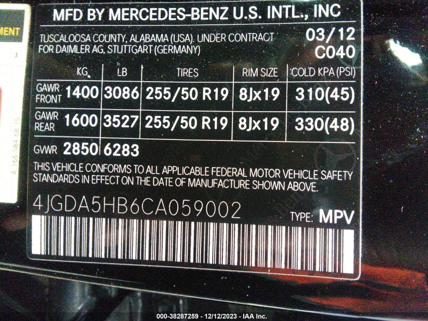 4JGDA5HB6CA059002 2012 Mercedes-Benz M-Class Ml 350