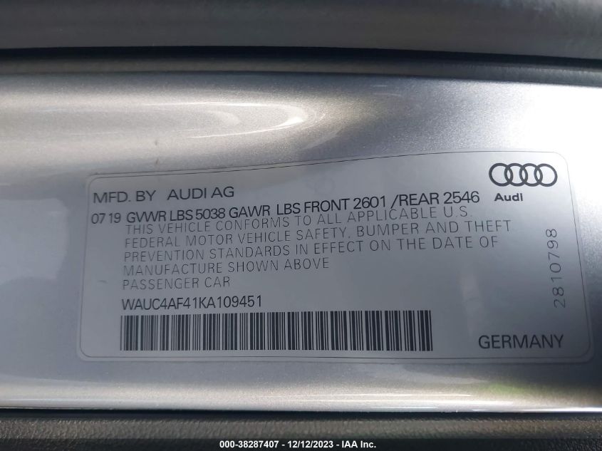 2019 Audi S4 3.0T Premium VIN: WAUC4AF41KA109451 Lot: 38287407