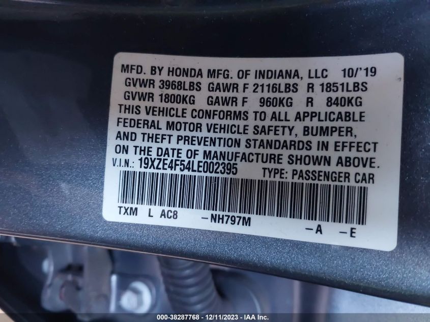 2020 Honda Insight Ex VIN: 19XZE4F54LE002395 Lot: 38287768