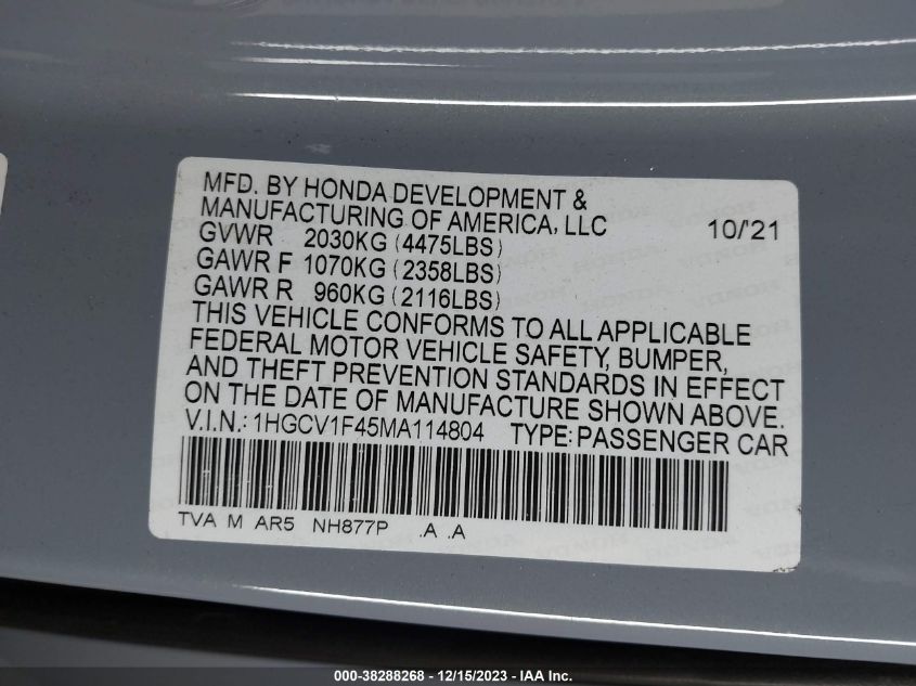 1HGCV1F45MA114804 2021 Honda Accord Sport Special Edition