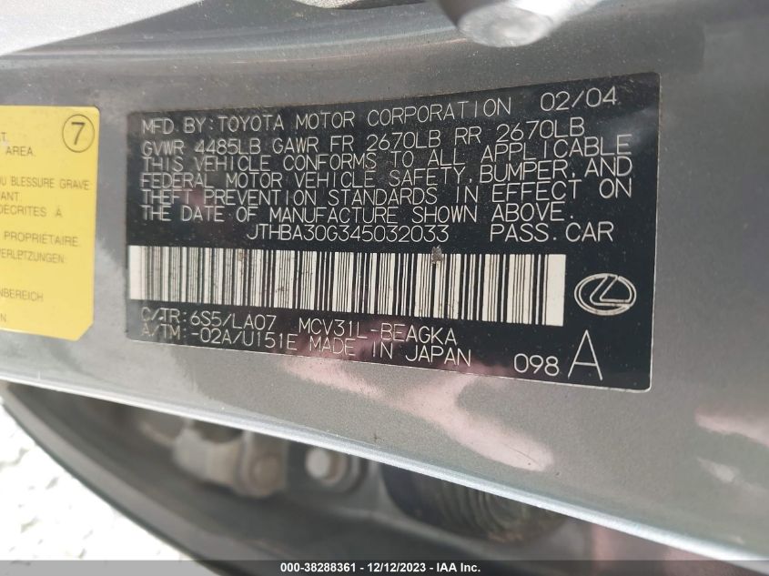 JTHBA30G345032033 2004 Lexus Es 330