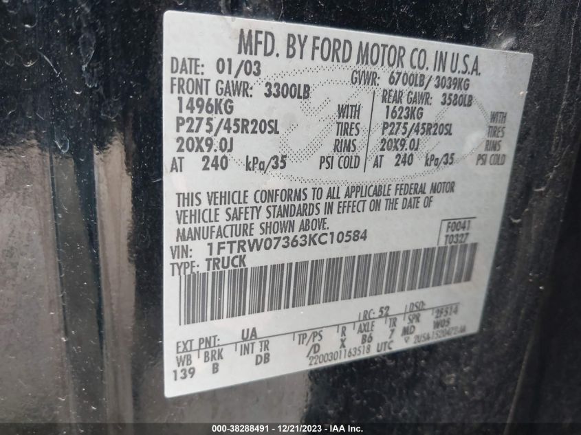 1FTRW07363KC10584 2003 Ford F-150 Lariat