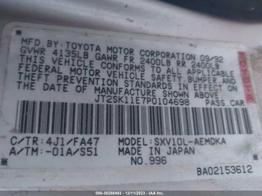 1993 Toyota Camry Dx VIN: JT2SK11E7P0104698 Lot: 38288493