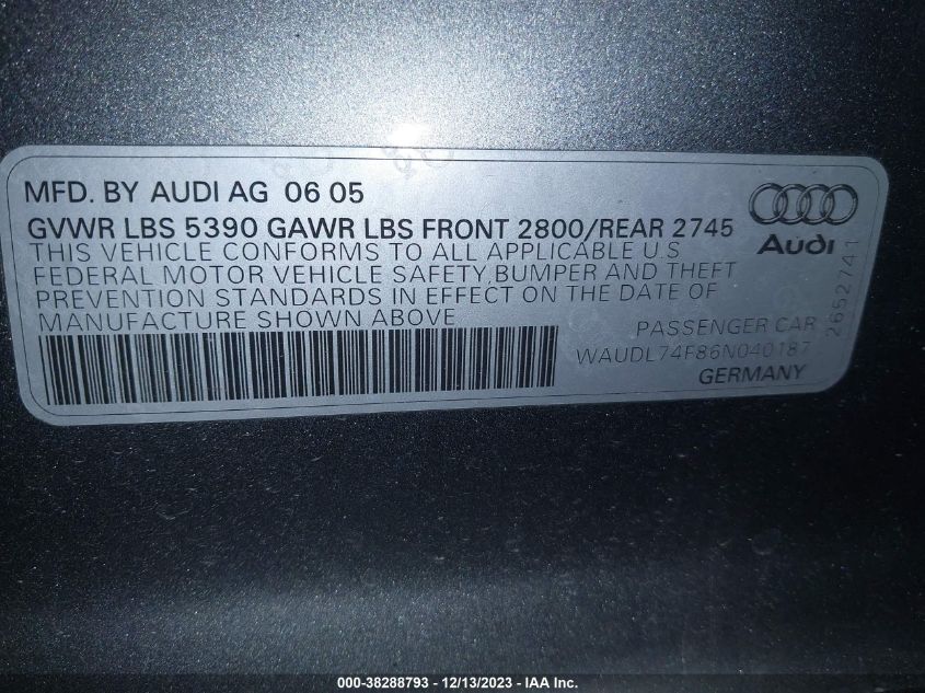 2006 Audi A6 4.2 VIN: WAUDL74F86N040187 Lot: 38288793