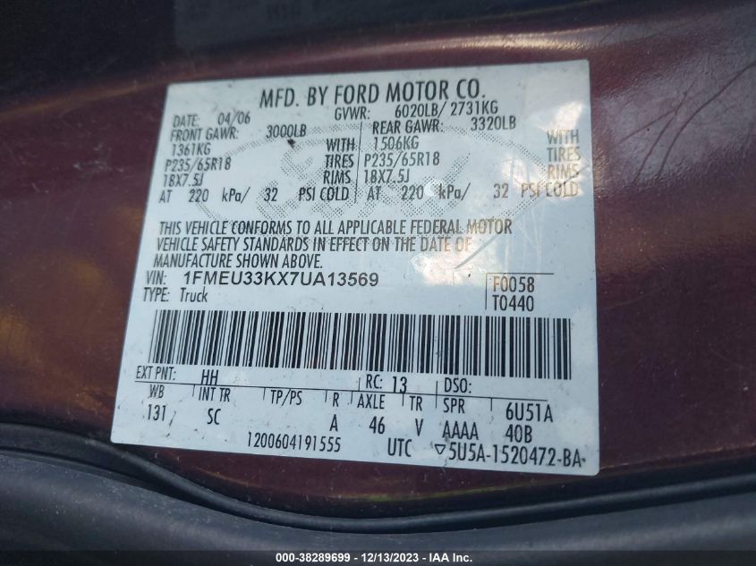 2007 Ford Explorer Sport Trac Limited VIN: 1FMEU33KX7UA13569 Lot: 38289699