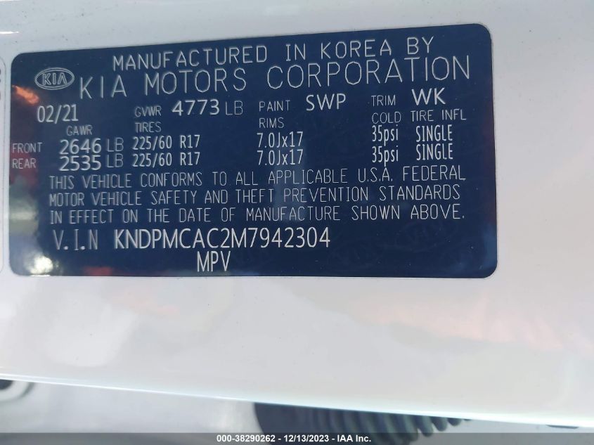 KNDPMCAC2M7942304 2021 Kia Sportage Lx