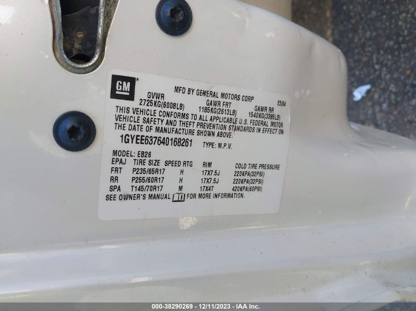 2004 Cadillac Srx Standard VIN: 1GYEE637640168261 Lot: 38290269