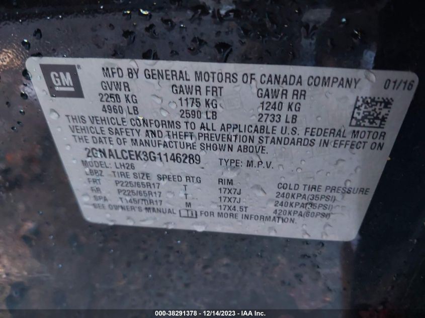 2GNALCEK3G1146289 2016 Chevrolet Equinox Lt