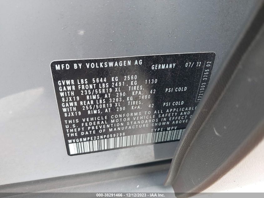 2022 Volkswagen Id.4 Pro VIN: WVGRMPE22NP059298 Lot: 38291466