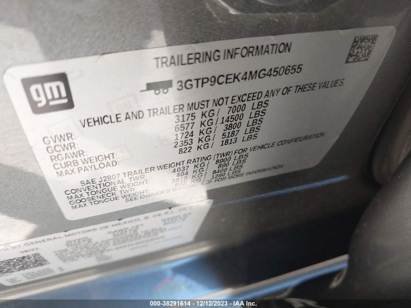 2021 GMC Sierra 1500 4Wd Short Box Elevation VIN: 3GTP9CEK4MG450655 Lot: 38291614