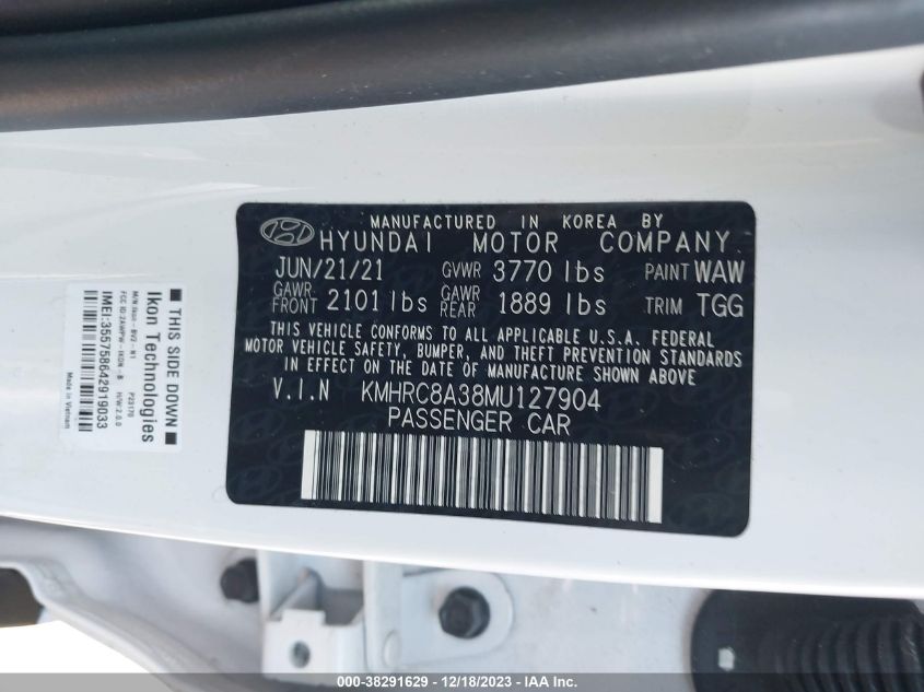 2021 Hyundai Venue Sel VIN: KMHRC8A38MU127904 Lot: 38291629