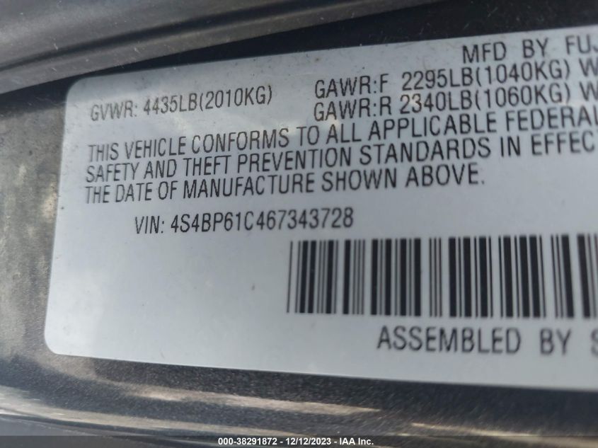 2006 Subaru Outback 2.5I VIN: 4S4BP61C467343728 Lot: 38291872