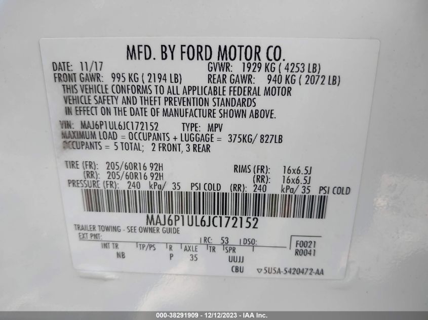 MAJ6P1UL6JC172152 2018 Ford Ecosport Se