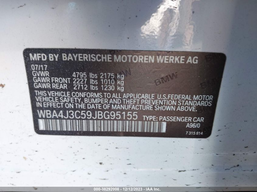 2018 BMW 430I Gran Coupe xDrive VIN: WBA4J3C59JBG95155 Lot: 38292008