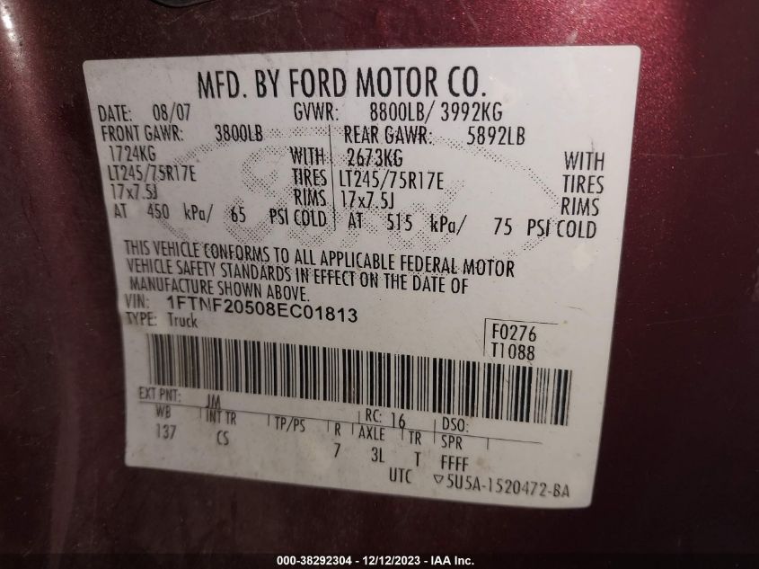 1FTNF20508EC01813 2008 Ford Super Duty F-250 Srw Xl/Xlt