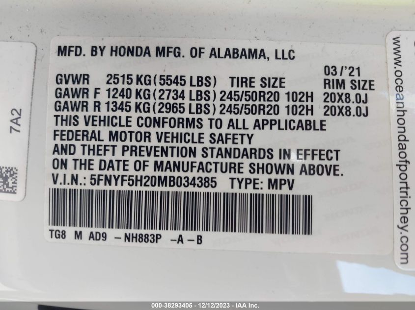 2021 Honda Pilot 2Wd Special Edition VIN: 5FNYF5H20MB034385 Lot: 38293405