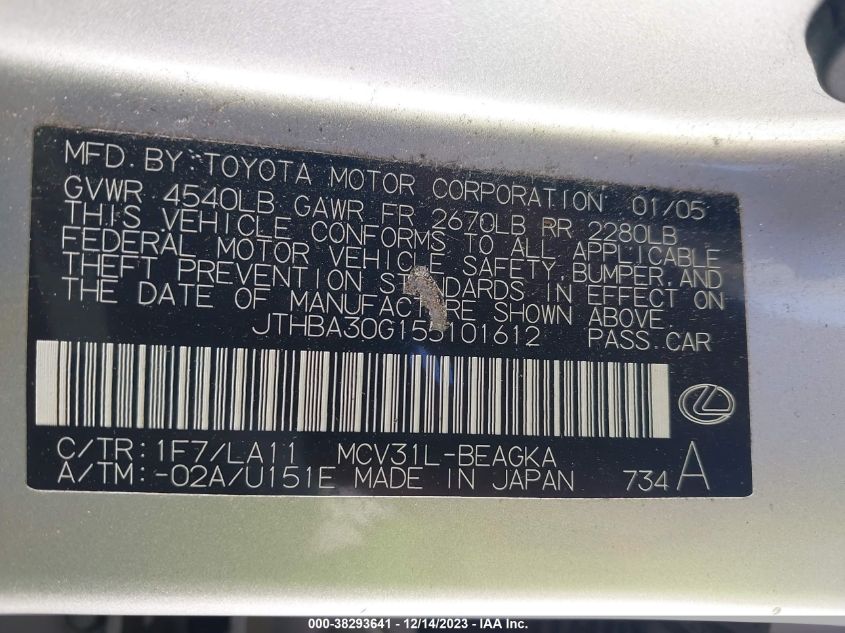 JTHBA30G155101612 2005 Lexus Es 330