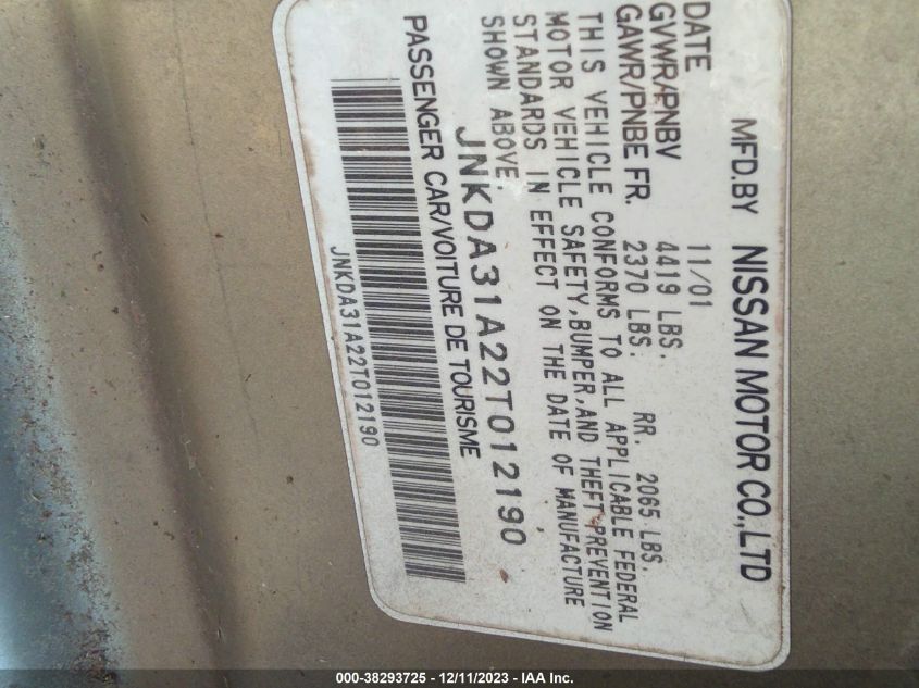 2002 Infiniti I35 Luxury VIN: JNKDA31A22T012190 Lot: 38293725