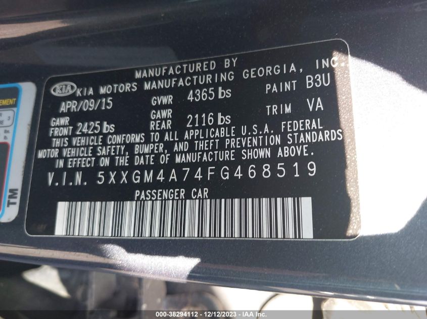 5XXGM4A74FG468519 2015 Kia Optima Lx