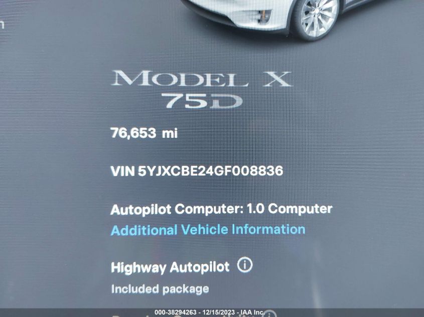 2016 Tesla Model X 60D/70D/75D/90D/P100D VIN: 5YJXCBE24GF008836 Lot: 38294263