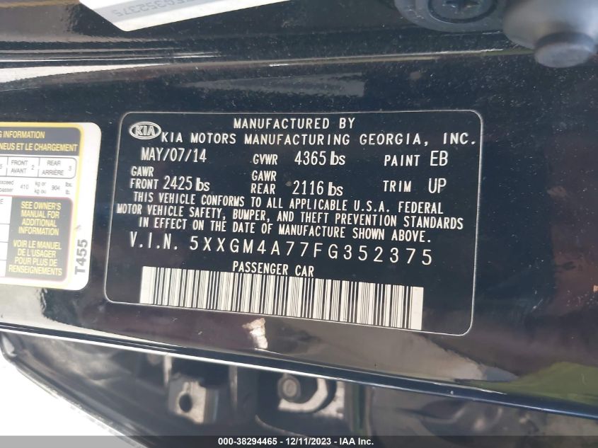 5XXGM4A77FG352375 2015 Kia Optima Lx