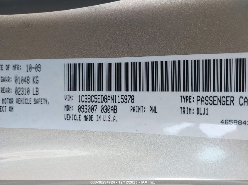 2010 Chrysler Sebring Touring VIN: 1C3BC5ED8AN115978 Lot: 38294724