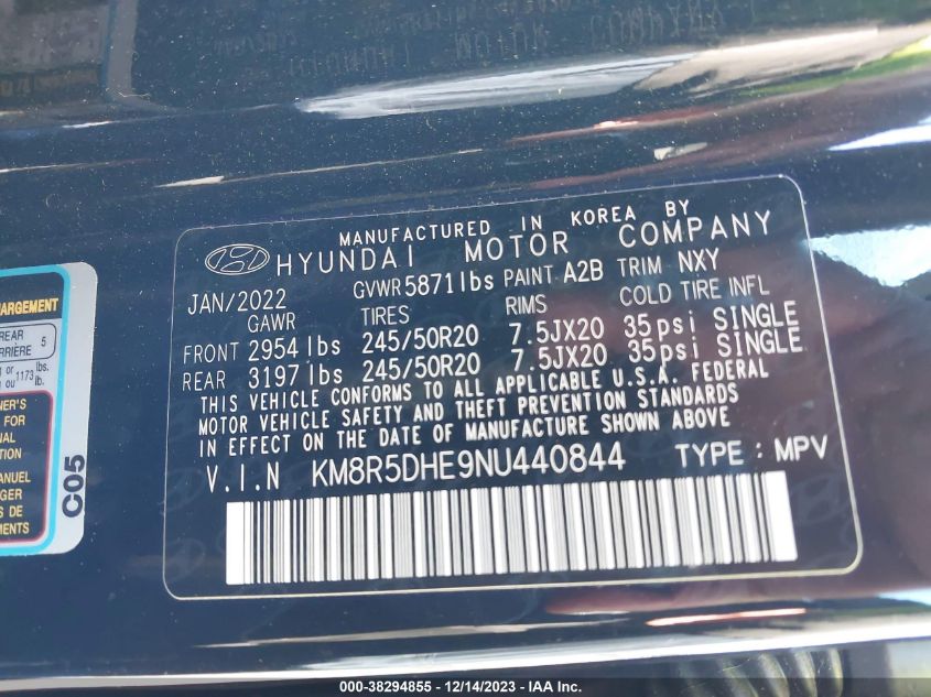 KM8R5DHE9NU440844 2022 Hyundai Palisade Limited