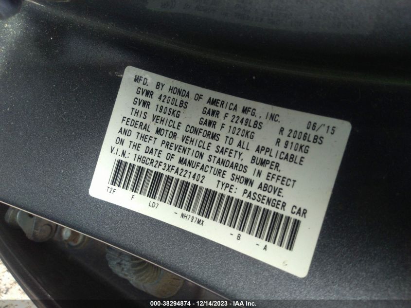 1HGCR2F3XFA221402 2015 Honda Accord Lx