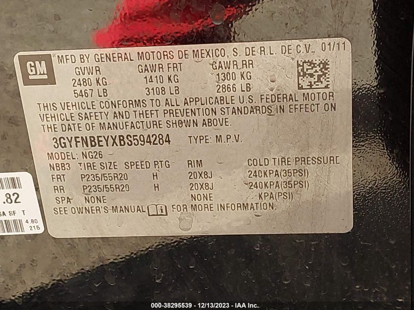 2011 Cadillac Srx Performance Collection VIN: 3GYFNBEYXBS594284 Lot: 38295539