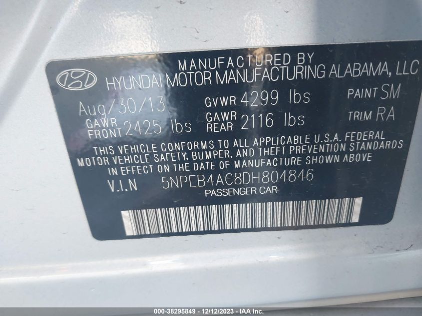 5NPEB4AC8DH804846 2013 Hyundai Sonata Gls