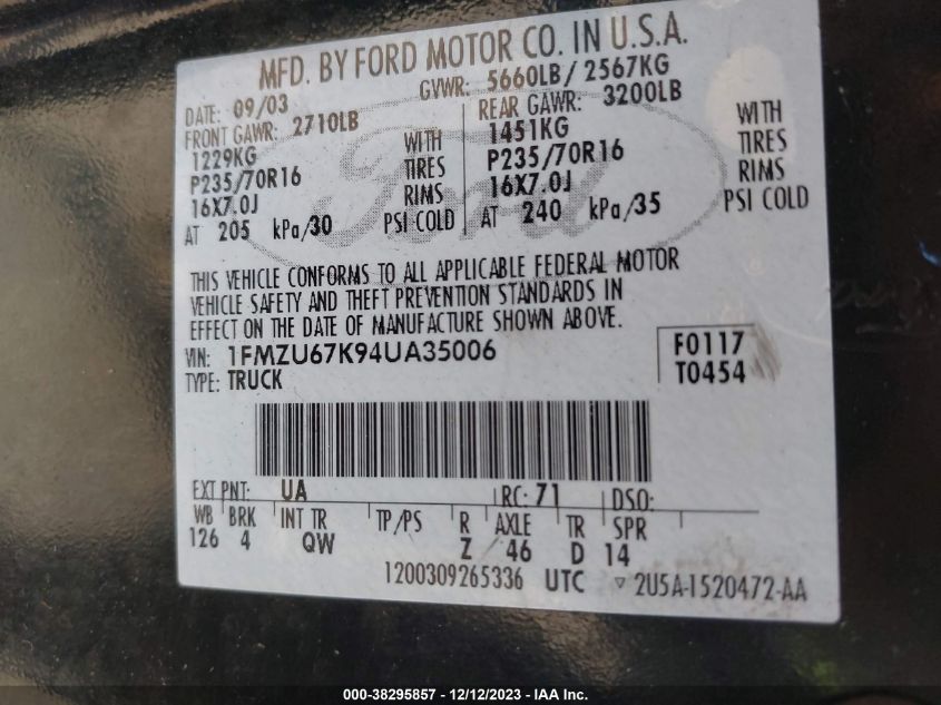 2004 Ford Explorer Sport Trac Adrenalin/Xls/Xlt VIN: 1FMZU67K94UA35006 Lot: 38295857