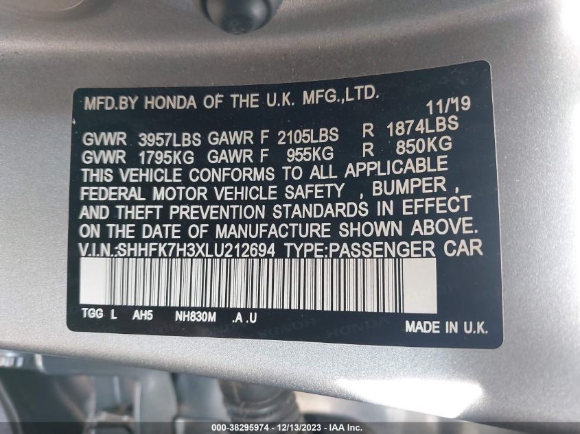 SHHFK7H3XLU212694 2020 Honda Civic Lx