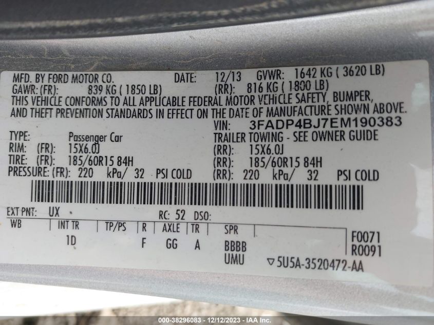 2014 Ford Fiesta Se VIN: 3FADP4BJ7EM190383 Lot: 38296083