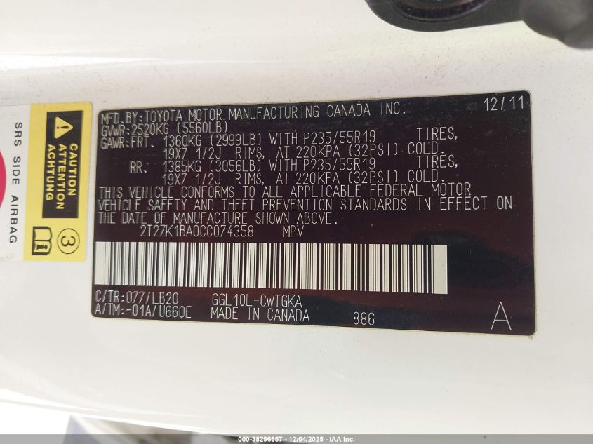 2012 Lexus Rx 350 VIN: 2T2ZK1BA0CC074358 Lot: 38296557