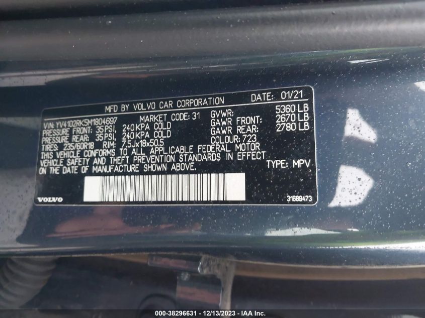 2021 Volvo Xc60 T5 Momentum VIN: YV4102RK5M1804697 Lot: 38296631