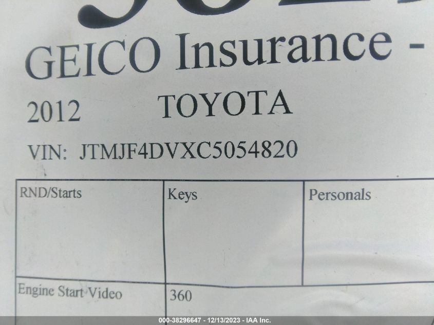 2012 Toyota Rav4 VIN: JTMJF4DVXC5054820 Lot: 38296647