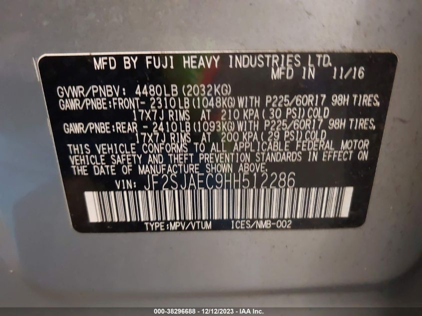 2017 Subaru Forester 2.5I Premium VIN: JF2SJAEC9HH512286 Lot: 38296688