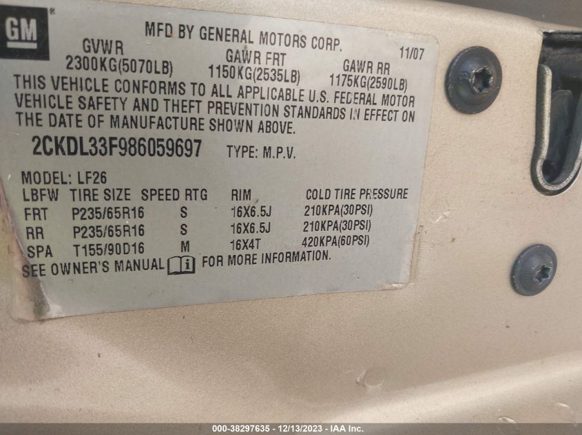 2008 Pontiac Torrent VIN: 2CKDL33F986059697 Lot: 38297635