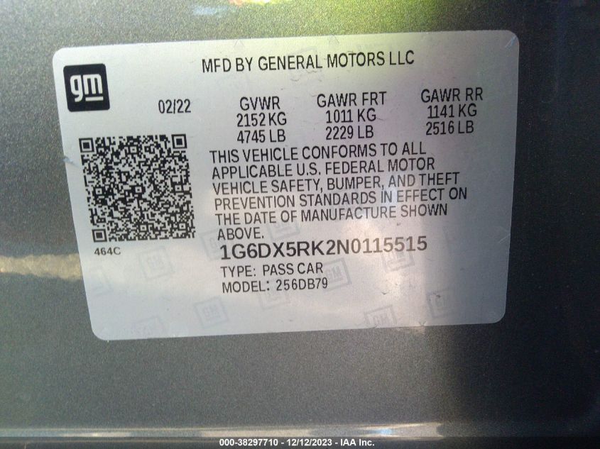 2022 Cadillac Ct5 Luxury VIN: 1G6DX5RK2N0115515 Lot: 38297710