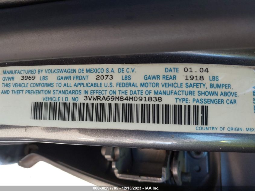 2004 Volkswagen Jetta Gl VIN: 3VWRA69M84M091838 Lot: 38297785