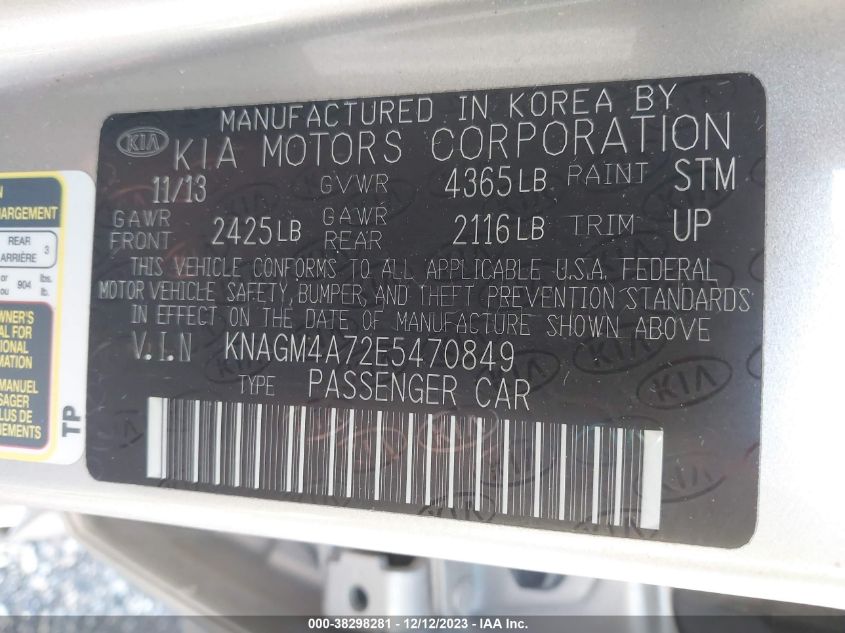 KNAGM4A72E5470849 2014 Kia Optima Lx