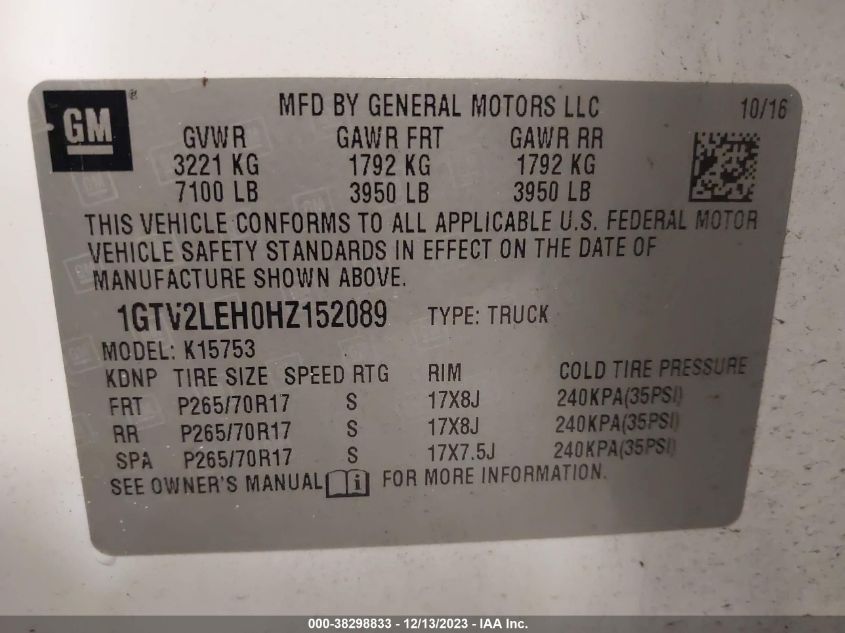 1GTV2LEH0HZ152089 2017 GMC Sierra 1500